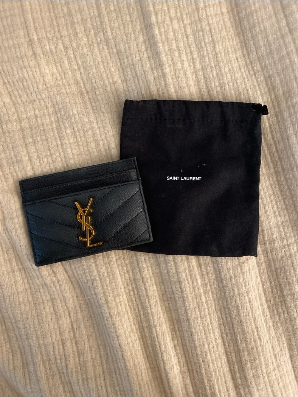 Yves Saint Laurent Black Quilted Leather Card Holder with Gold YSL Logo